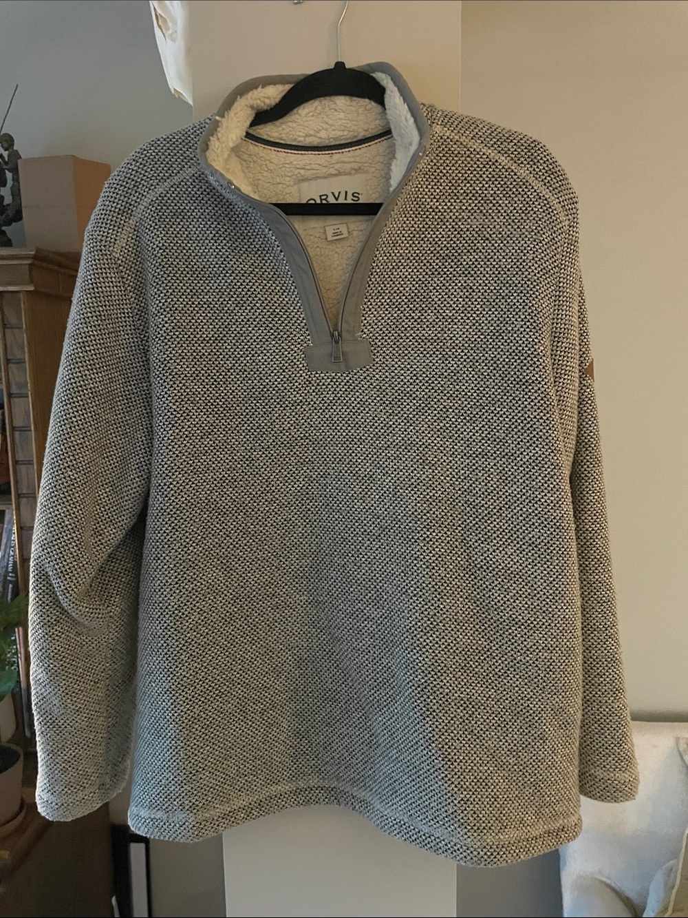 Orvis Men’s Heather Gray Half-Zip Sherpa-Lined Pullover SZ Large